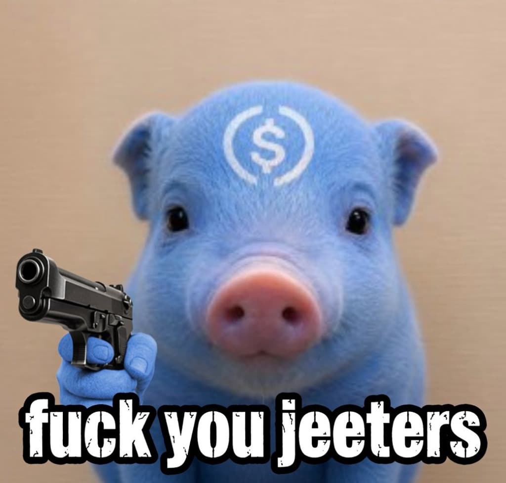 blue pig pointing gun at jeeters