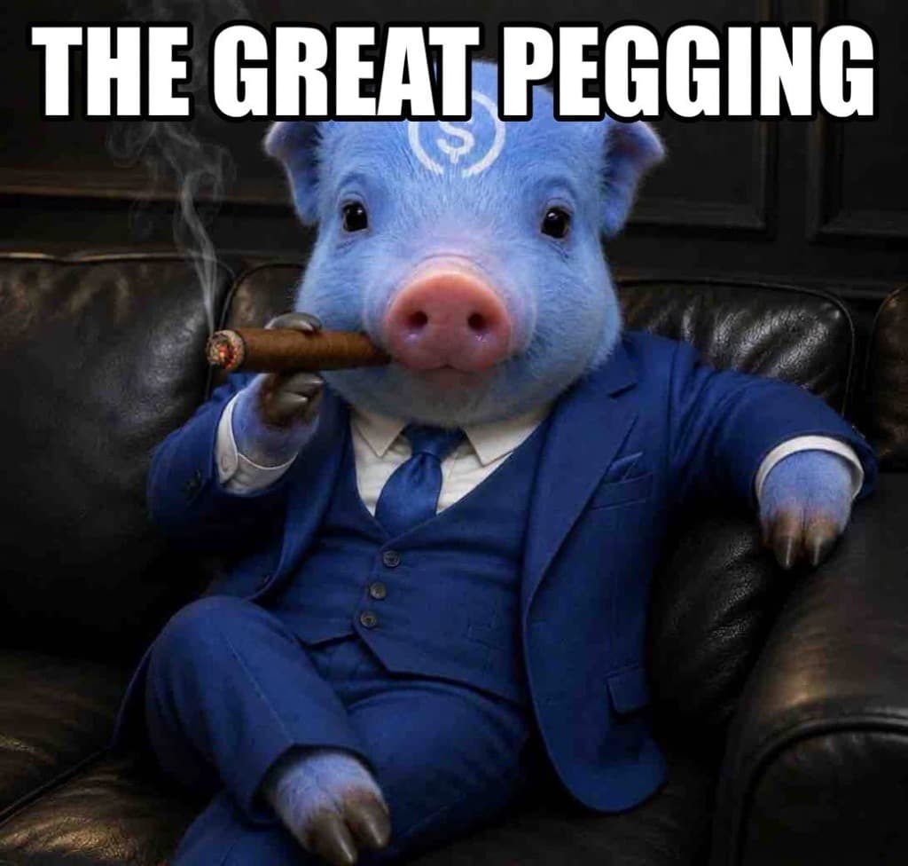The Great Pegging piglet in suit with cigar